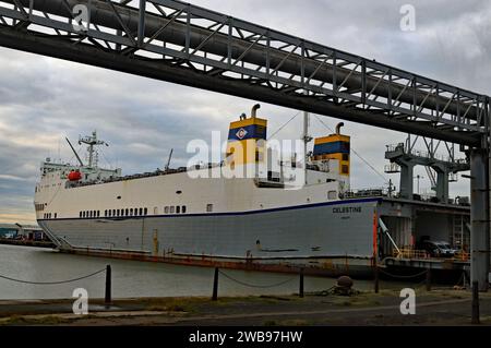 The “Celestine” roll on roll off cargo ship framed by modern high pressure steam pipes and the old dockside chains at Brocklebank dock in Liverpool Stock Photo