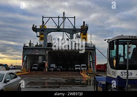 The “Celestine” ro – ro, roll on roll off cargo ship has been loaded with vehicles in Brocklebank dock in the Liverpool docks before going to Dublin Stock Photo