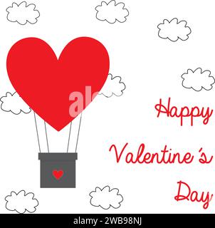 Valentines day greeting card with a hot air balloon in the shape of a heart and clouds Stock Vector