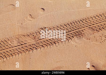 Car tyre traces on beach sand in Morocco. Stock Photo