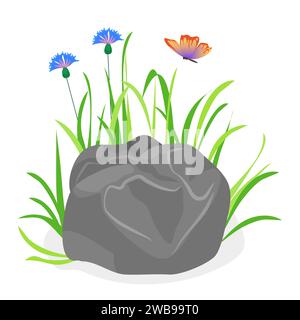 Stone with flowers. Landscape design, boulders with plants, nature rocks cartoon vector illustration Stock Vector