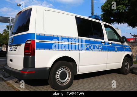 DORTMUND, GERMANY - SEPTEMBER 16, 2020: German Police (Polizei) sign on police car, made with Reflexite reflective tape. Stock Photo