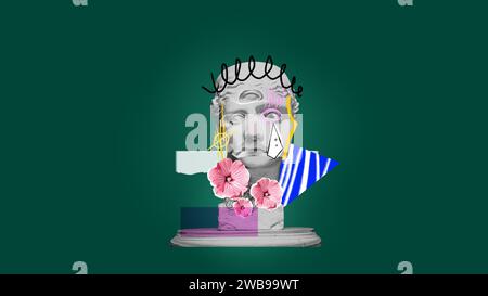 Sadness. Antique statue bust, plaster sculpture with doodles and photo elements on dark green background. Contemporary art collage. Stock Photo