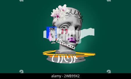 Sadness. Antique statue bust, plaster sculpture with doodles on dark green background. Contemporary art collage. Stock Photo