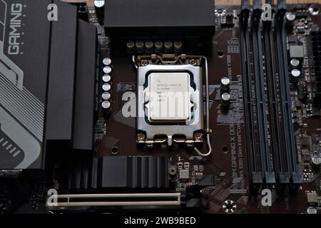 BERLIN, GERMANY - OCTOBER 10, 2023: Intel i5-13400F processor from 13th generation of Intel CPUs mounted on Gigabyte B760M Gaming X motherboard. Stock Photo