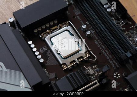 BERLIN, GERMANY - OCTOBER 10, 2023: Intel i5-13400F processor from 13th generation of Intel CPUs mounted on Gigabyte B760M Gaming X motherboard. Stock Photo