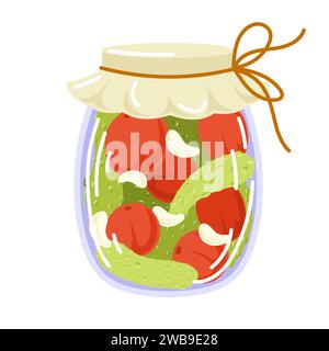 Jar preserved tomatoes and cucumbers in flat style. Can of pickled vegetables. Grocery conserve container. Vector illustration isolated on a white Stock Vector