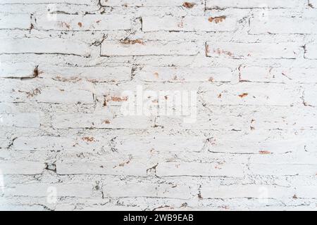 Red White Wall Background. Old Grungy Brick Wall Horizontal Texture. Brickwall Backdrop. Stonewall Wallpaper. Vintage Wall With Peeled Plaster. Retro Stock Photo