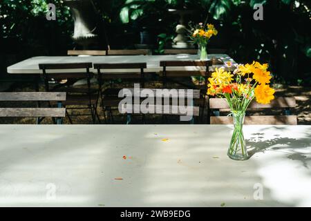 Summer outdoor party setting. Summer or spring beautiful garden with daisy flowers. A yellow bouquet in a transparent vase on the table. Still life ou Stock Photo