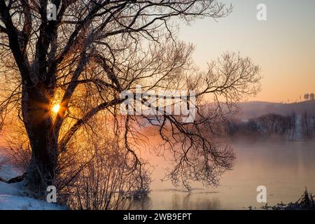 Sunrise over a lake on a cold icy winter morning, Waldviertel, Austria Stock Photo