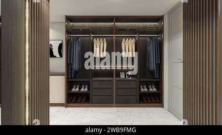 Rustic Clothes Display Cabinet Design with Wooden Furnish and Lighting Decoration Stock Photo