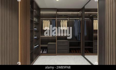Open Walk in Closet Display Design with Wooden Cabinet Furnishing and Shelving Rack Stock Photo