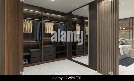 Clothes Showcase Display Design with Wooden Cabinet Furnishing and Shelving Rack Stock Photo