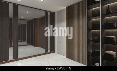 Industrial and Luxury Walk in Closet Design with Dark Brown Wooden Furnishing Stock Photo