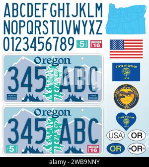 Oregon state car license plate pattern, letters, numbers and symbols, vector illustration, USA, United States odf America Stock Vector