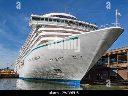 Crystal Serenity, of now-defunct Crystal Cruises, docked at New York Passenger Ship Terminal on Manhattan’s West Side in October 2017. Stock Photo