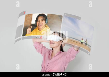 Woman in headset and guy immersed in virtual call indoor Stock Photo
