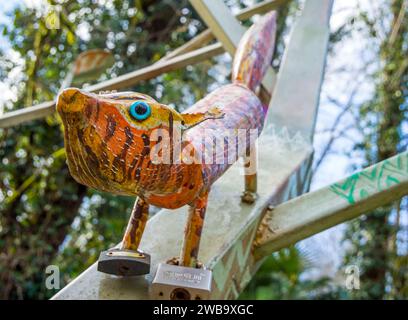 Sochi. Russia - February 2023, 16: Metal squirrel on the wish tree. Yew-boxwood grove of the Caucasian Reserve. Stock Photo