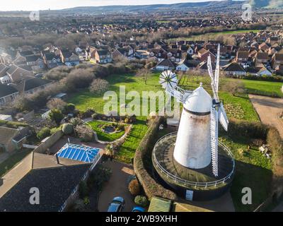 aerial view of stone cross windmill a tower mill east sussex. The mill is also known as blackness mill and white mill. Stock Photo