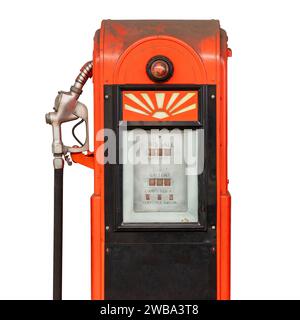 Vintage weathered red American gasoline pump isolated on a white background Stock Photo