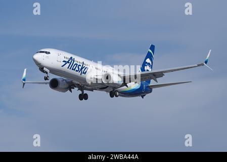 Alaska Airlines Boeing 737 Max 9 shown on final approach to LAX, Los Angeles International Airport. Stock Photo