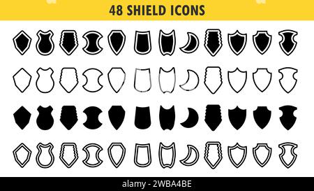 Shield icons set. Police badge. Collection of security shield icons with contours and linear signs. Security protection symbol signs. Vector illustrat Stock Vector