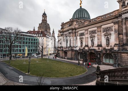 Dresden, Germany - December 19, 2021: The glass dome of the Albertinum and buildings around the old town of Dresden, Saxony, Germany. Stock Photo