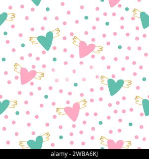 Flying hearts with golden wings. Cute seamless pattern Stock Vector