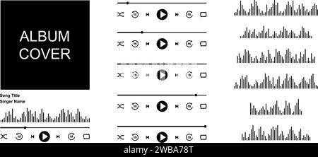 Music mp3 player interface with album cover frame, buttons, progress bar and equalizer. Simple song track template creator with elements. Audio playback design on mobile app. Vector flat illustration Stock Vector