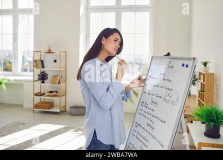 Woman Strategizing Weekly Schedule on Whiteboard Stock Photo