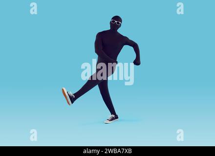 Happy man in black spandex bodysuit dancing or walking in funny way on blue background Stock Photo
