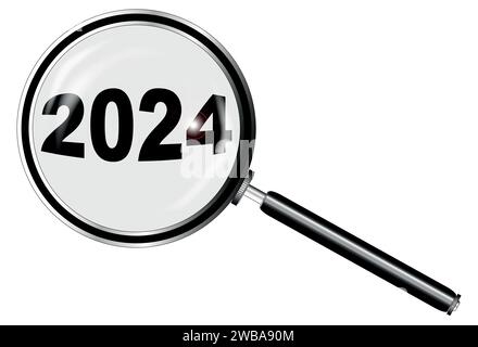 A magniying glass looking over 2024 set over a white background Stock Vector