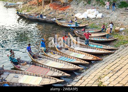 Open wooden ferry boats on the Buriganga River in Dhaka Bangladesh Stock Photo
