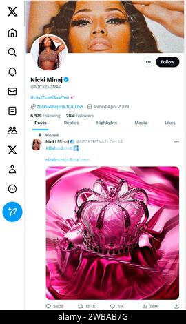 'X' - formerly Twitter - page (Oct 2023) of Nicki Minaj Stock Photo