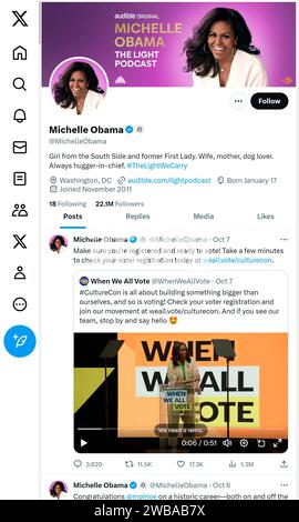 'X' - formerly Twitter - page (Oct 2023) of Michelle Obama Stock Photo