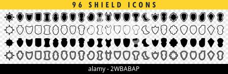 Shield icons big set with contours and linear signs. Collection signs or symbols security and protect. Different shields icon collection. Vector illus Stock Vector