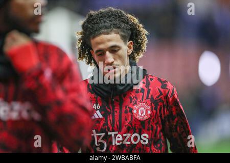 Wigan, UK. 08th Jan, 2024. Manchester United midfielder Hannibal Mejbri (46) warm up during the Wigan Athletic FC v Manchester United FC Emirates FA Cup 3rd Round match at the DW Stadium, Wigan, England, United Kingdom on 8 January 2024 Credit: Every Second Media/Alamy Live News Stock Photo