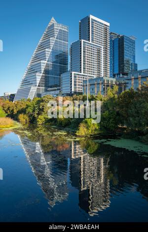 Downtown Austin Texas with Google Building (left) and Northshore Luxury Apartments (right) on Ladybird Lake. Stock Photo