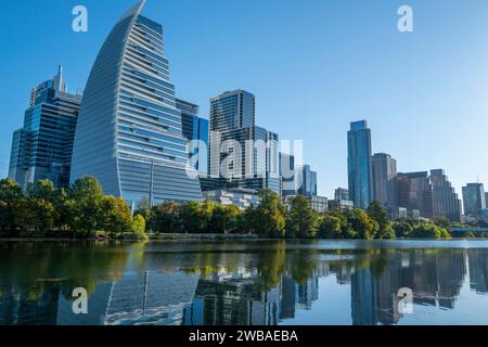 Downtown Austin Texas with Google Building (left) and Northshore Luxury Apartments (center) on Ladybird Lake. Stock Photo