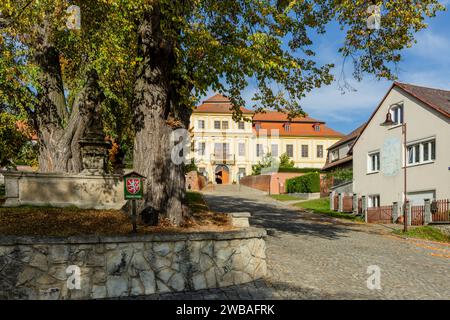 Svojsin, Czech Republic - October 13 2023: Front view of the newly renovated castle, a yellow building with red roof, a grey house, a statue and a big Stock Photo