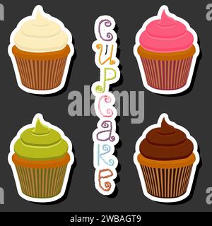 Illustration on theme big set different types dessert sweet berry cupcake, cupcake consisting of confectionery whipped cream, tasty cupcakes covered i Stock Vector