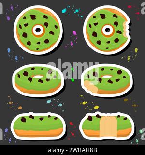 Illustration on theme big set different types sticky donuts, sweet doughnuts various size, donut pattern consisting of collection organic doughnuts fr Stock Vector