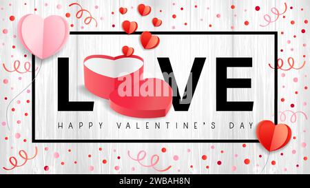 Love, web banner valentines day with heart-gift box. Greeting card concept for Valentine's day with text and paper hearts on wooden background. Vector Stock Vector