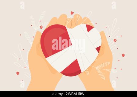 heart with bandage on opened hands; unhappy love, Valentine's Day concept - vector illustration Stock Vector