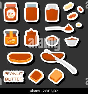 Illustration on theme big colored set different types peanut butter, jars various size, peanut butter pattern consisting of collection accessory beaut Stock Vector