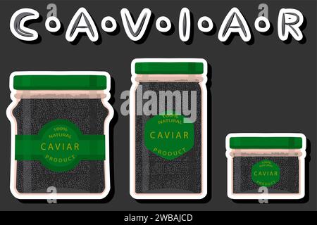 Illustration on theme big set various types fish caviar, glass jar different size Stock Vector