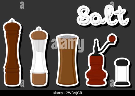 Illustration on theme big set different types ware filled salt for organic cooking, salt in shaker for restaurant menu Stock Vector