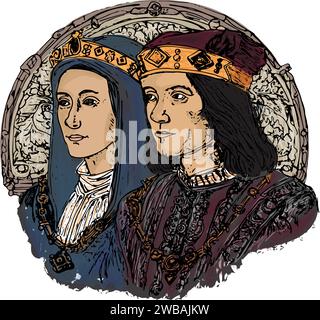 Illustration of King Richard III of England (1452-1485) and his wife Anne Neville (1456-1485), the daughter of the Earl of Warwick, medieval glass Stock Vector