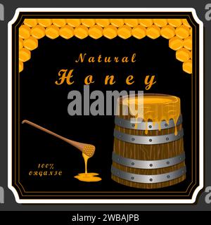 Drop of bee honey drip from hexagonal honeycombs filled with golden nectar, honeycombs summer composition consisting of drop natural honey, drip on wa Stock Vector