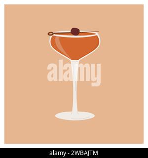 Manhattan Classic Cocktail garnished with maraschino cherry. Classic alcoholic beverage card for bar menu. Summer aperitif. Minimalist alcoholic drink Stock Vector